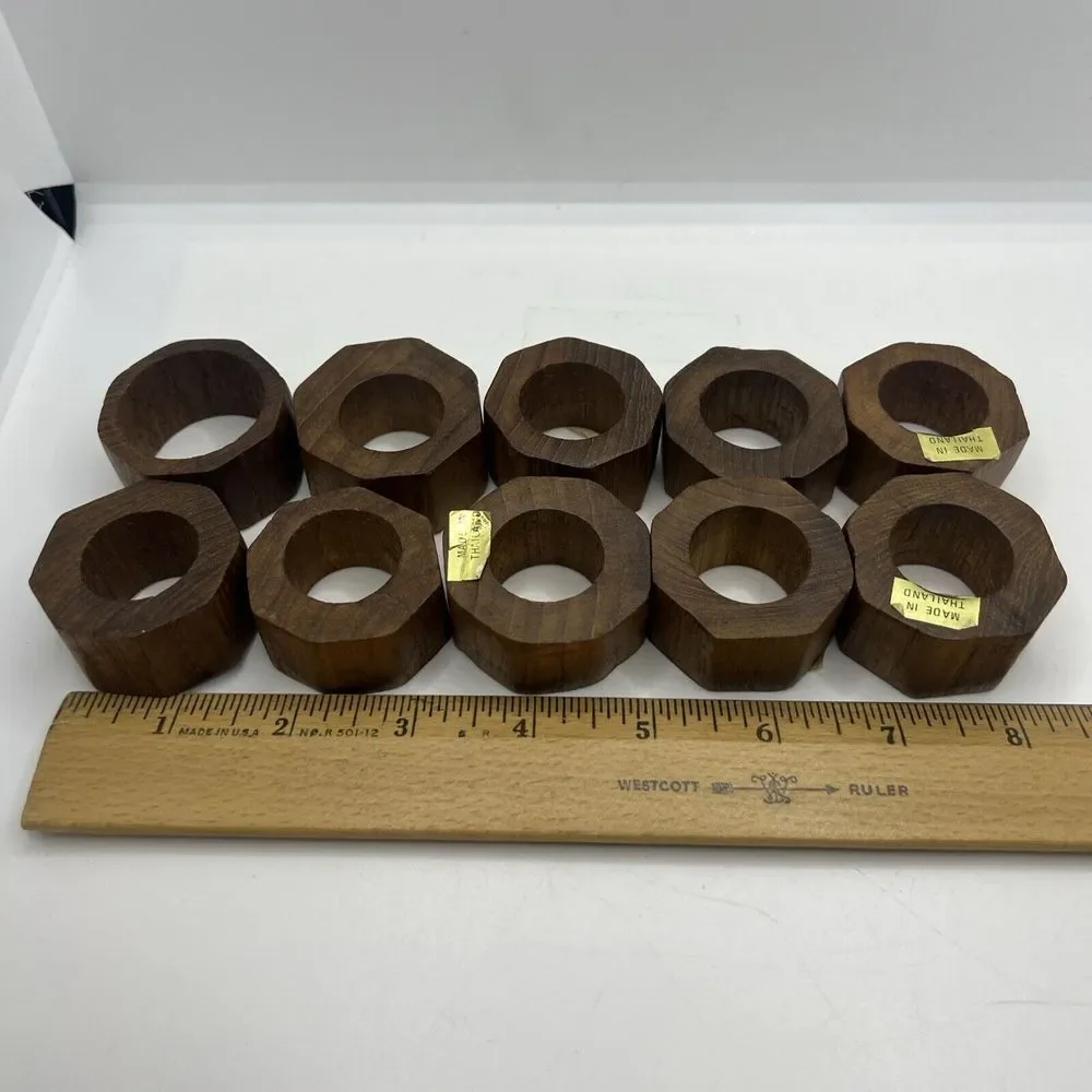 Hand Crafted Teak Wood Round Napkin Rings‎ Made in Thailand Set of 10